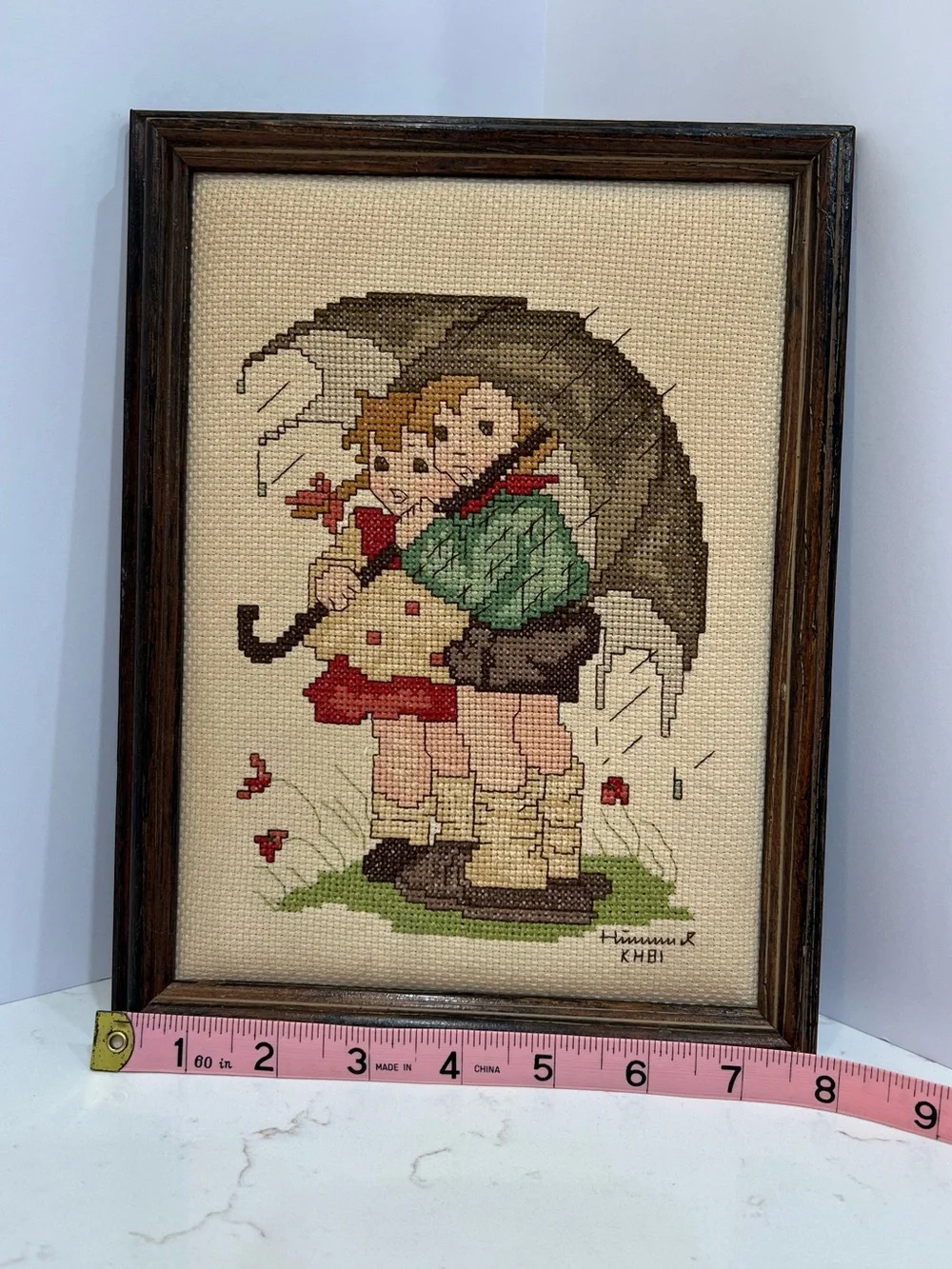 Vintage Hummel Style Cross Stitch “Stormy Weather” Framed Wall Art